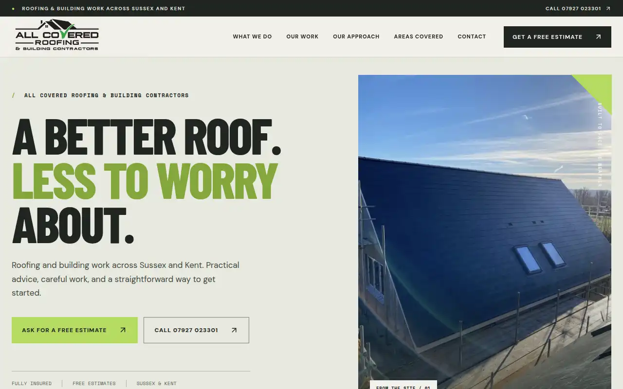 All covered roofing and building website homepage